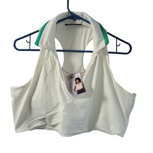 Crane Longline Sports Bra XL Cream Green Collared Halter Racerback Tennis Top